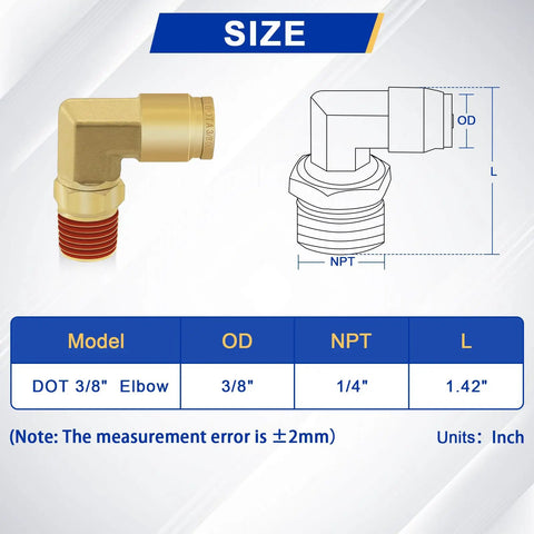 Diagram showing the 5 Pack Pro Grade Three Eighths Inch Brass Air Brake Line Push To Connect Fittings With Ninety Degree Elbow dimensions.