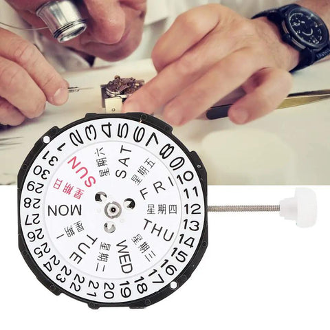 Watchmaker working with Three Hands Quartz Movement With Date Display Replacement For Watch Repairs and Watchmakers Dual Calendar Pro