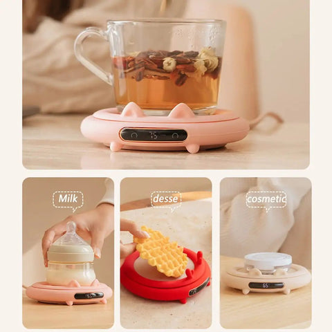 Smart Coffee Mug Warmer With Digital Display And Three Heat Settings Touch Switch Electric Cup Heating Pad To Keep Your Daily Brew Nice And Toasty Ultimate Winter Gift Beige with a glass mug on a pink heating pad.