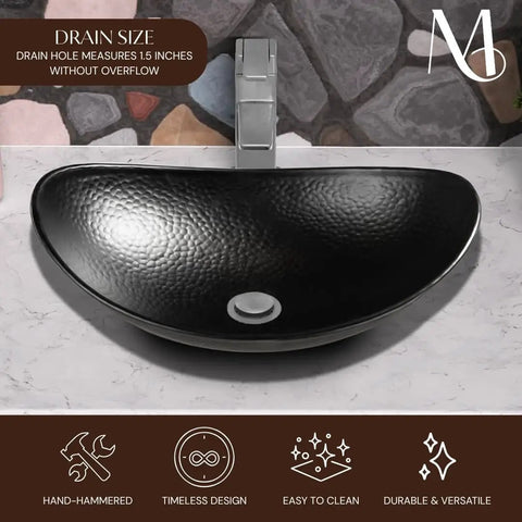 19 Inch Harbor Vessel Sink for Bathroom, Above Counter Hand Hammered Matte Black Aluminum Vanity Basin on marble counter