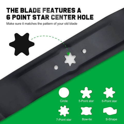 42 Inch Mower Blades With 6 Star Mounting Pattern For Bronco Pony XT1 LT42 42 Inch Deck Zero Turn Lawn Tractor Mulching Type 1 942-0616A 742-0616A Replacement showing 6-point star center hole.