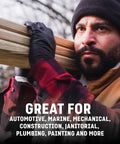 Kick Ass Heavy Duty Nitrile Work Gloves Chemical Resistant Disposable Black Rubber With Textured Grip Six Mil Thick Dual Layer Latex Powder Free Trade Ready Protective Shield For Pros Pack Of 100 Large worn by a man lifting wood.