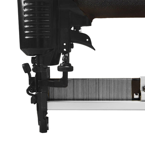 Close-up of Pneumatic 18 Gauge Fencing Stapler With Belt Hook for mesh and trellis fencing, displaying staple loading mechanism.