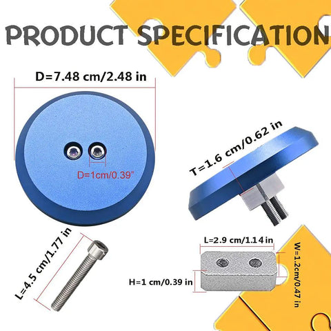 Blue Aluminum Jack Pad Adapters With Bulletproof Build And Drop Dead Simple Fitment specifications on a white background.