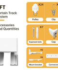 Heavy Duty Ceiling Curtain Track System With Silent Glide And Extra Long 9ft White Rails accessories overview with pulley, clip, and bolts