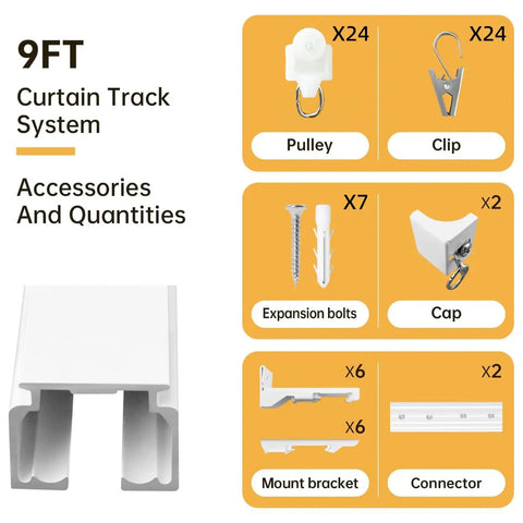 Heavy Duty Ceiling Curtain Track System With Silent Glide And Extra Long 9ft White Rails accessories overview with pulley, clip, and bolts