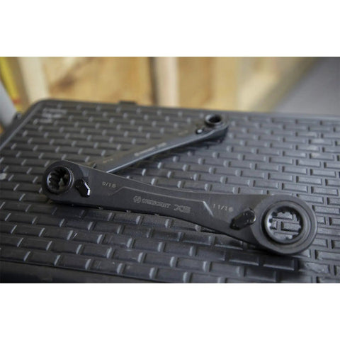 2 Piece X6 4 In 1 Black Oxide Spline Ratcheting SAE Wrench Set With 5 Degree Arc And X6 Beast Box Ends on textured surface