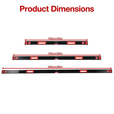 Professional Level Set, 3 Piece Aluminum Spirit Level Kit With 40", 60", 80" showing dimensions and varying lengths.