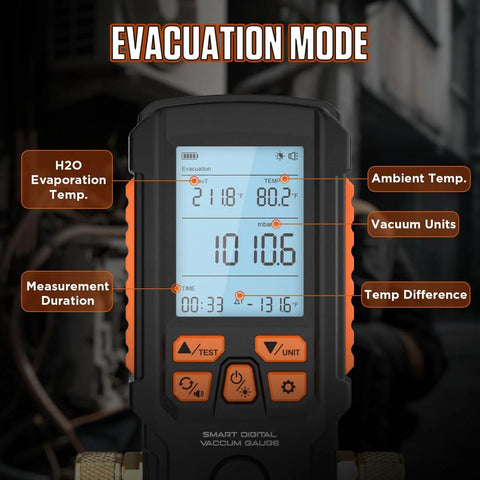 Front view of a digital vacuum gauge handheld for HVAC, black with orange accents and blue display.