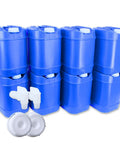 Eight blue Five Gallon Stackable Water Storage Containers Kit With Ten Lids And Two Spigots for emergency use.