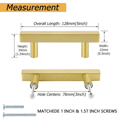 Gold Cabinet Pulls 5 Pack Brushed Brass T Bar Handles For Kitchen Cabinets And Drawer Upgrades, 3 Inch Center Hole, 5 Inch Overall Length