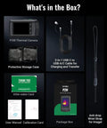 Box contents for Handheld WiFi Thermal Camera With 8MP Visual Camera And 3.5 Inch Touch Screen Real Time Live Super Resolution 640x480 Thermal Imaging 256x192 IR Intelligent Scene Detection Video Recording, including storage case and cable.
