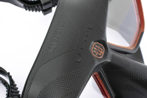 Close-up of Raptor Low Volume Freediving And Spearfishing Mask silicone skirt showing detail on the frame for comfort.