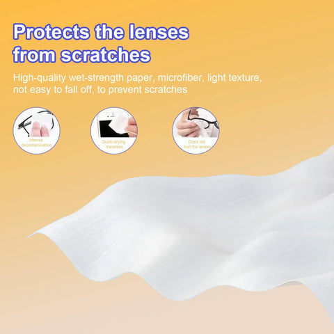 Lens wipes for eyeglasses, 200-count, white wet-strength wipes for glasses, camera lenses, sunglasses, and phone screens.