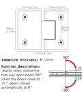 Diagram of Heavy Duty 180 Degree Glass Door Hinge 2 Pack for Frameless Cabinets and Showcases detailing dimensions and angles.