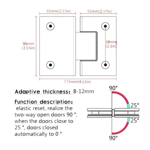 Diagram of Heavy Duty 180 Degree Glass Door Hinge 2 Pack for Frameless Cabinets and Showcases detailing dimensions and angles.