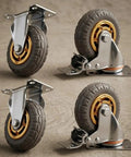 Heavy Duty Rock Solid Rubber Caster Wheels Set Of 4 For Home Furniture And Storage Carts 600 Lbs Max Capacity Rolls Like Butter With Dual Lock Brakes And Zero Friction Resistance, showing 5 inch heavy-duty wheels with metal plate.