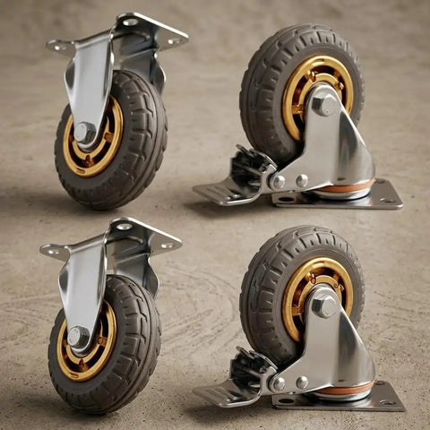 Heavy Duty Rock Solid Rubber Caster Wheels Set Of 4 For Home Furniture And Storage Carts 600 Lbs Max Capacity Rolls Like Butter With Dual Lock Brakes And Zero Friction Resistance, showing 5 inch heavy-duty wheels with metal plate.