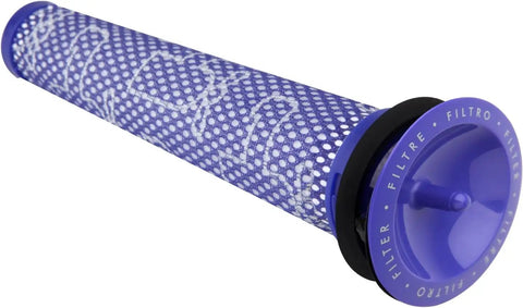 Close-up of a Dyson vacuum pre filter part, blue with white mesh, compatible with V6 V7 V8 series, DC58-DC59, replaces 965661-01, shown in detail.