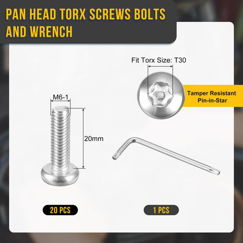 Top Rated M6 X 20 Millimeter Pan Head Torx Security Screws Built Tough With Genuine 304 Stainless Steel Silver Finish Straight Upgrade Anti Theft License Plate Fasteners 20 Pack For Any Ride Or Rig with wrench and measurements.