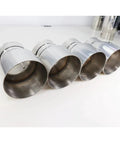 BMW Stainless Steel Exhaust Tips 4 Piece Direct Fit Set For M2 M3 M4 F87 F80 F82 F83 Level Up Your Ride With Sick Style Sound And Protection Durable Tailpipe Guard Against Rain Dust And Debris, showing four shiny metal exhaust tips from side angle.