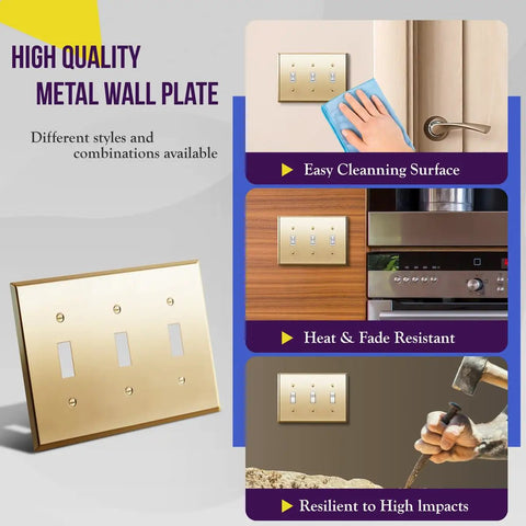 Toggle Light Switch Wall Plate, Metal 3-Gang 4.50 x 6.38 Inches, Brass Gold Finish, image showing cleaning, heat resistance, impact resilience
