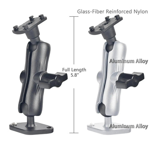 CarPlay Screen And Backup Monitor Mount with Aluminum Adjustable Arm, 360 Degree Rotation, AMPS Base shown in black and silver