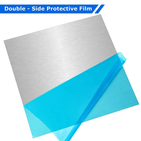Six Pack 5052 Aluminum Sheet Metal 12x12 Inch Flat Plate 0.02 Inch Thick With Protective Film shown with film partially removed.