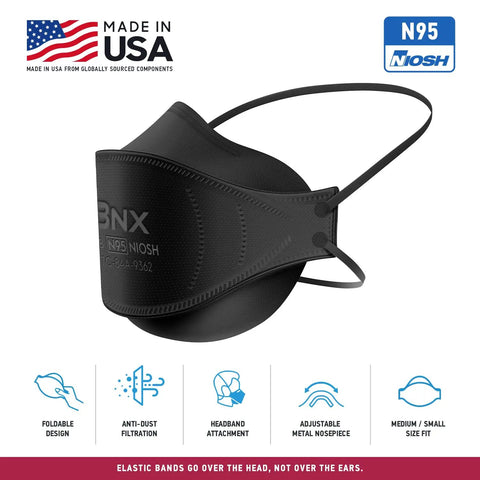 N95 Mask Black Particulate Respirator Over-The-Head Headband Fit NIOSH Certified 95 Percent Protection Made In USA Tri-Fold Cup Fish Style