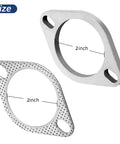 Beefy Heavy Duty Stainless Steel Two Bolt Exhaust Flange Connection Kit With Robust Gaskets And Knuckle Tight Lock Bolts For Seamless Two Inch Pipe Setup On Every Street Rod Or Daily Driver Rig shows two polished 2 inch flanges.