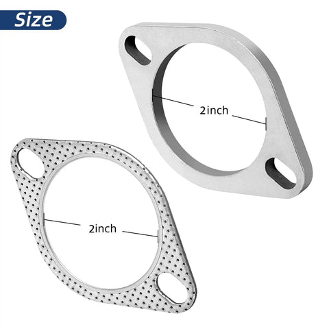 Beefy Heavy Duty Stainless Steel Two Bolt Exhaust Flange Connection Kit With Robust Gaskets And Knuckle Tight Lock Bolts For Seamless Two Inch Pipe Setup On Every Street Rod Or Daily Driver Rig shows two polished 2 inch flanges.