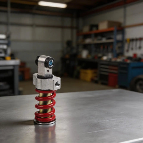 Close-up of red and steel rear wheel shock absorber spring for Kugoo electric scooter 8 inch, displayed on a steel table.