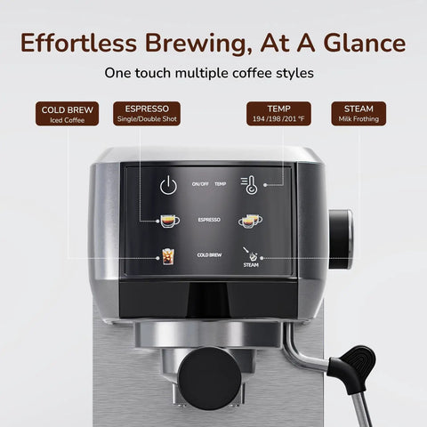 Touchscreen interface of Dope 2-In-1 Espresso Machine And Cold Brew Maker With Badass 20 Bar Pump displaying brew options.