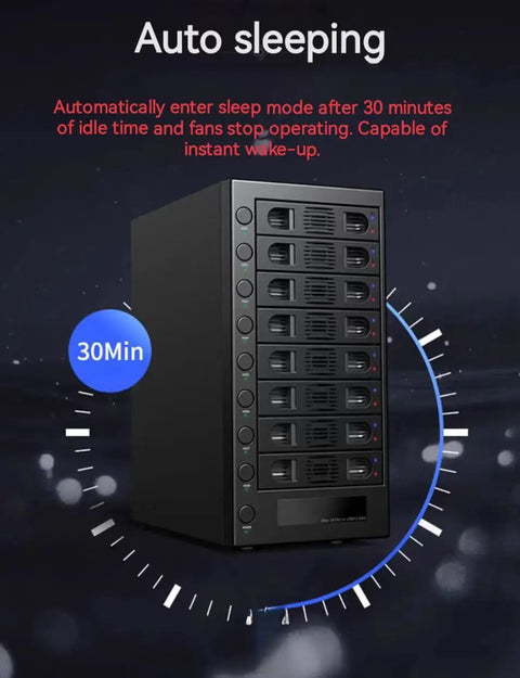 Eight Bay External Sata Hard Drive Enclosure Features No Sweat Setup With Hot Swap Trays And Smart Cooling Fan showing auto sleeping function.