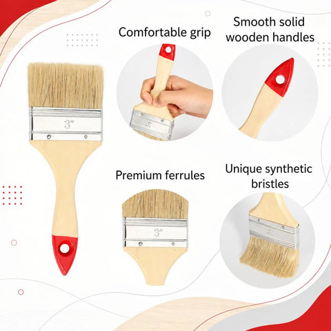 3-inch paint brush features wood handle and synthetic bristles part of the 6 Inch Deck Stain Brush With 77 Inch Extendable Handle And 3 Inch Paint Brush Set