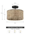 Rattan Semi Flush Mount Ceiling Light With Black Canopy 2 Light 12 Inch Drum Shade Fixture For Hallway Bedroom Kitchen