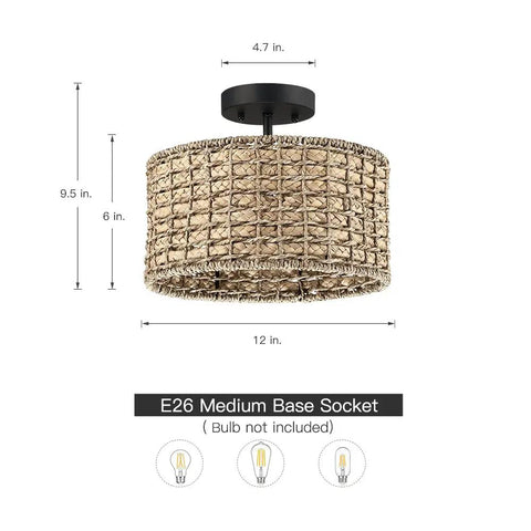 Rattan Semi Flush Mount Ceiling Light With Black Canopy 2 Light 12 Inch Drum Shade Fixture For Hallway Bedroom Kitchen