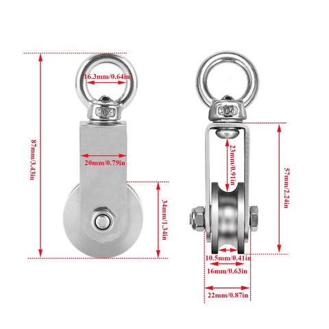 Dimensions of Stainless Steel Snatch Rigging Pulley Wheel Heavy Duty Rope Pulley Blocks With Carabiner For Rigging And Lifting Gym Equipment Two Pack 1.34 Inch Wheel Diameter