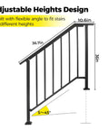 Adjustable design of Heavy Duty Outdoor Hand Rails Kit For Two To Three Step Stairs, measuring 36.7in high and 10.6in width.