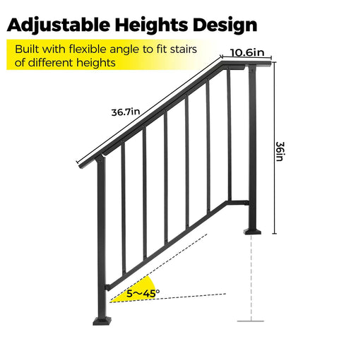 Adjustable design of Heavy Duty Outdoor Hand Rails Kit For Two To Three Step Stairs, measuring 36.7in high and 10.6in width.