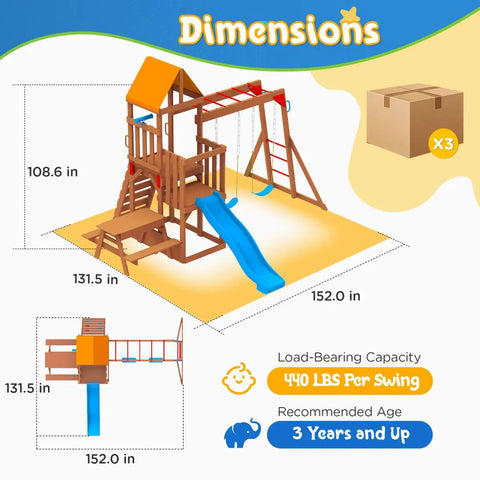 Dimensions of Cedar Wooden Swing Set For Backyard With Monkey Bars, 2-In-1 Outdoor Table, 6-Foot Wave Slide, and Climbing Wall.