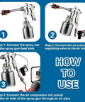 Extended Long Pole Spray Gun With One Liter Paint Cup And 100Cm Rod Delivers Sweet Auto And Furniture Finishing steps showing connections for use.
