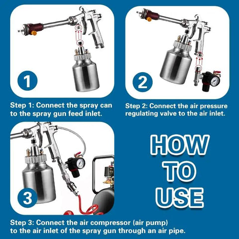 Extended Long Pole Spray Gun With One Liter Paint Cup And 100Cm Rod Delivers Sweet Auto And Furniture Finishing steps showing connections for use.