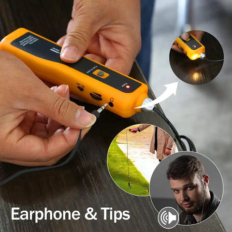 Close-up of Underground Cable Locator With Earphone For Buried Wires in use, showing hand connecting earphone.