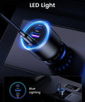 130W USB C Car Charger For iPhone And Galaxy with LED light, showing Type C ports and blue lighting in car socket.