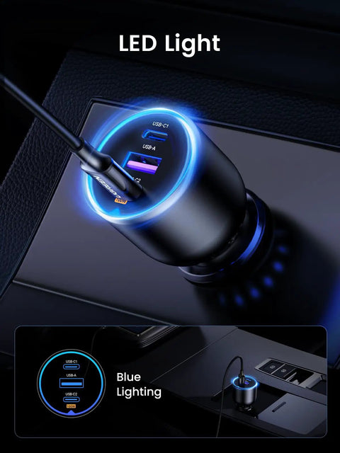 130W USB C Car Charger For iPhone And Galaxy with LED light, showing Type C ports and blue lighting in car socket.