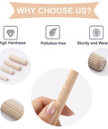 230 Piece Grooved Wooden Dowel Pins Set In One Quarter Five Sixteenth And Three Eighth Inch For Crafts Furniture And Handy DIY Projects With Fluted Bevel Edges, shown in hand and close-up views.