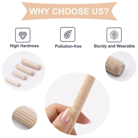 230 Piece Grooved Wooden Dowel Pins Set In One Quarter Five Sixteenth And Three Eighth Inch For Crafts Furniture And Handy DIY Projects With Fluted Bevel Edges, shown in hand and close-up views.