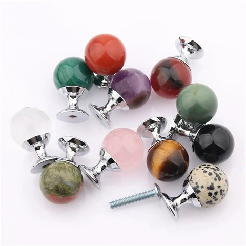 Slick Crystal Sphere Drawer Knobs Plus Heavy Duty Cabinet Grips For Smooth Operation Kitchen Cabinets And Closet Pulls Top Shelf Nifty Hardware Set Of Two assorted colors with chrome bases.