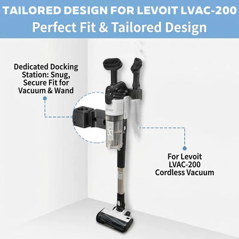 Wall Mount Docking Station For LVAC 200 Cordless Vacuum holding vacuum and attachments on wall, black design, easy install.
